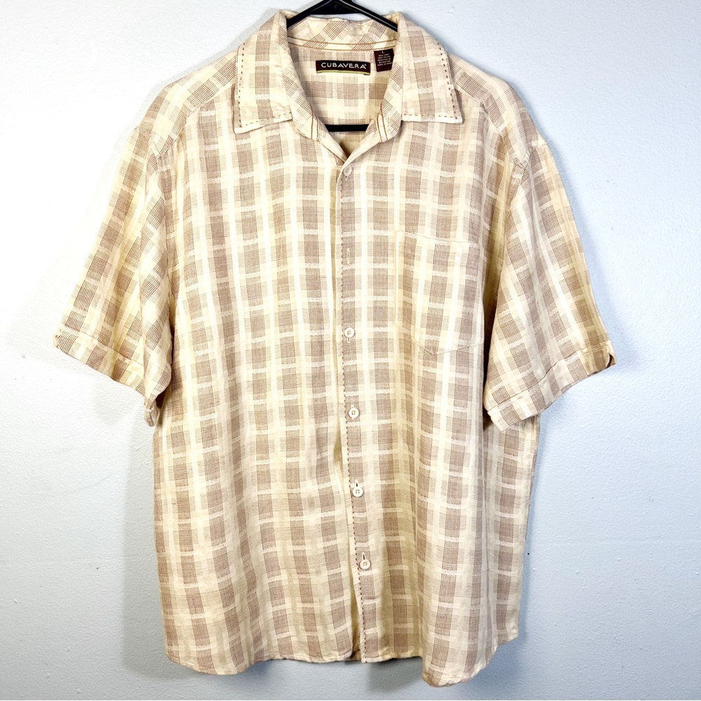 CUBAVERA Men's Size Large Casual Button Down Shirt Short Sleeves Linen Blend